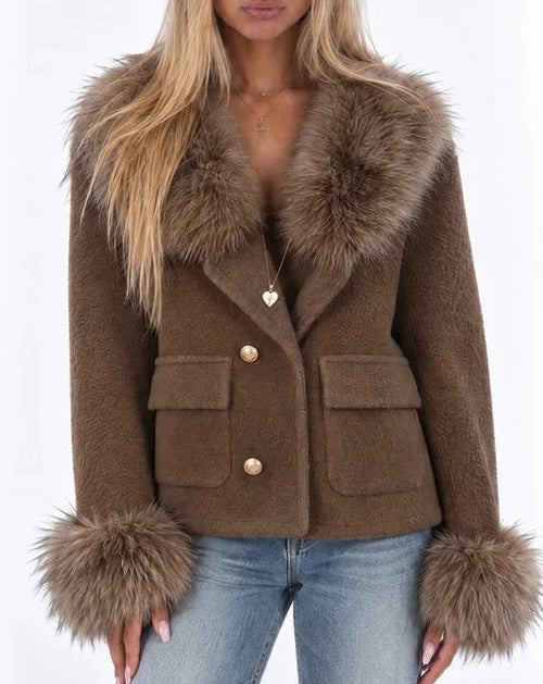 Damen Bouclé-Jacke mit Fellkragen und Fellmanschetten